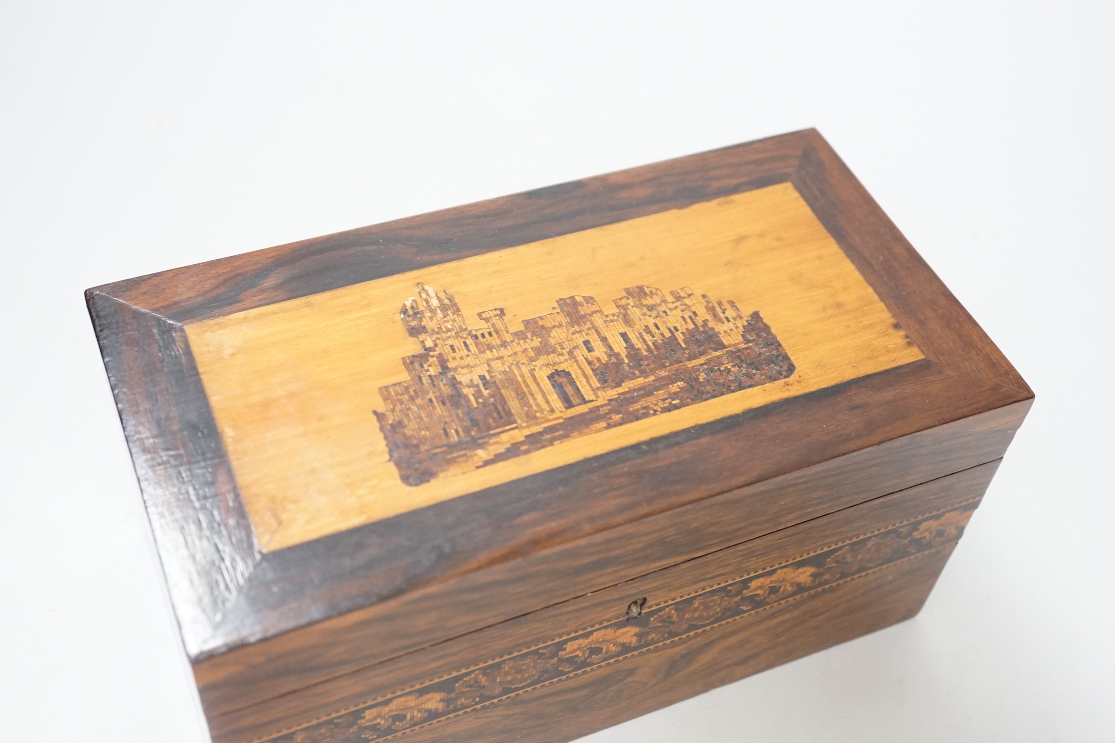 A 19th century Tunbridge ware rosewood tea caddy, 22cm wide